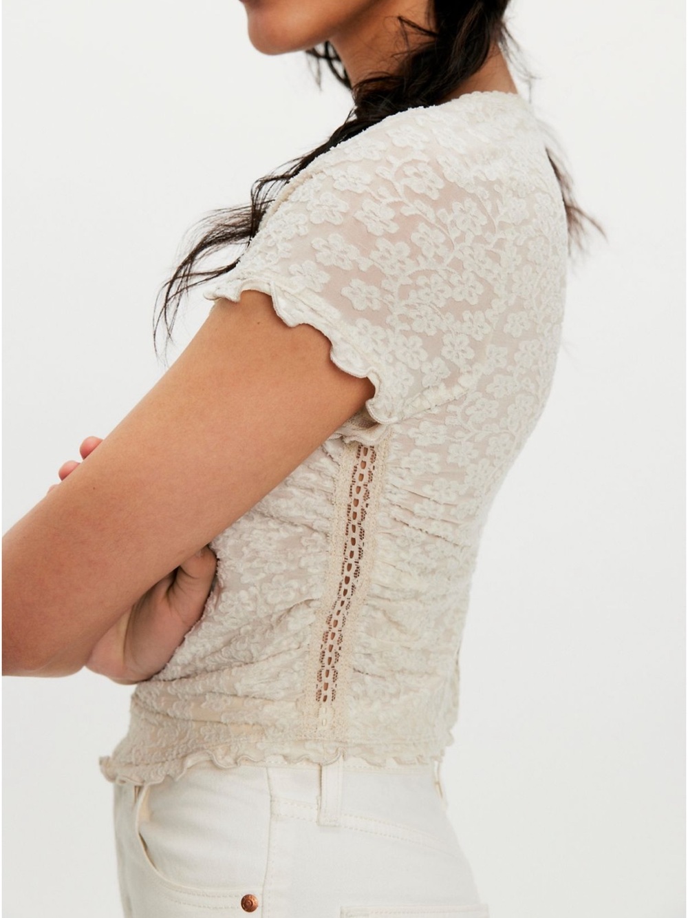 Free People Anora Baby Tee Cream Lace Short-Sleeve Ruffle Top - Picture 3 of 9